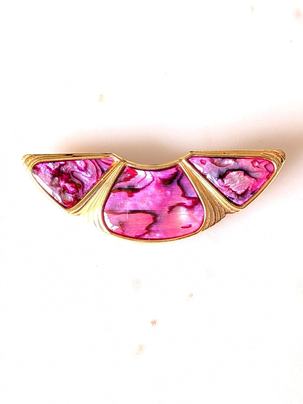 Vintage 1980s Art Deco Pink Abalone Paua Shell Fan Brooch Pin Gold Tone
